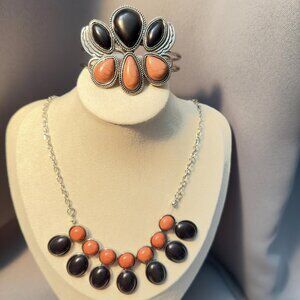 Chunky Black Coral Necklace Bracelet Set Silver Tone Statement Jewelry
